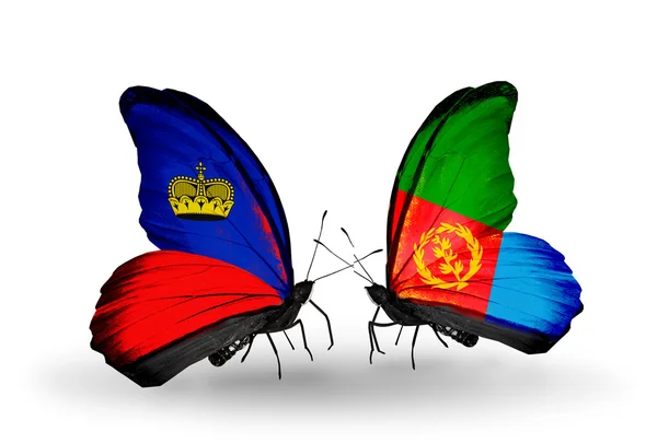 Butterflies with Liechtenstein and Eritrea flags — Stock Photo, Image