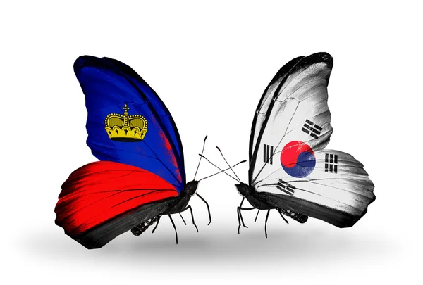 Butterflies with Liechtenstein and South Korea flags — Stock Photo, Image