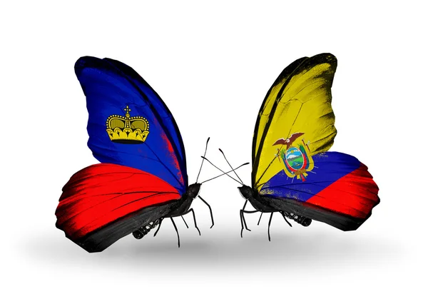 Mariposas con banderas de Liechtenstein y Ecuador — Foto de Stock