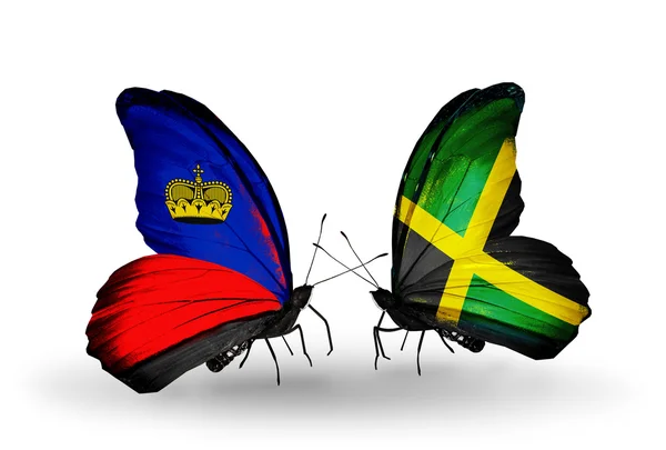 Butterflies with  Liechtenstein and Jamaica flags — Stock Photo, Image