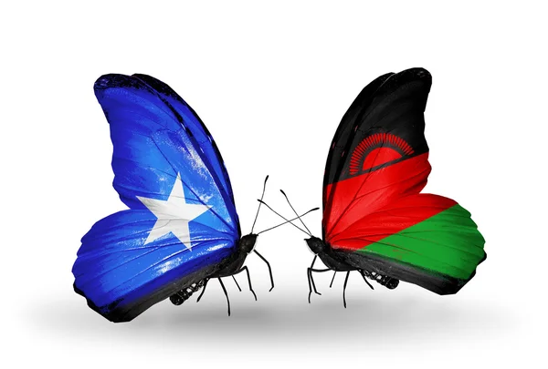 Mariposas con banderas de Somalia y Malawi en alas — Foto de Stock