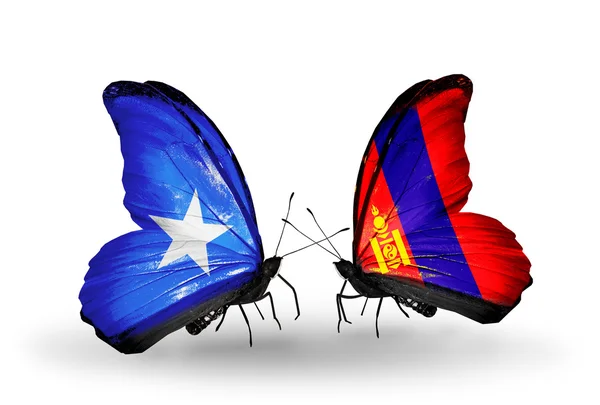 Mariposas con banderas de Somalia y Mongolia en alas — Foto de Stock