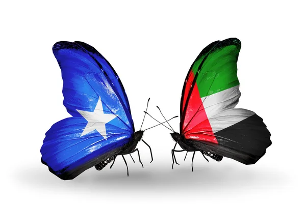 Mariposas con banderas de Somalia y Emiratos Árabes Unidos en alas — Foto de Stock