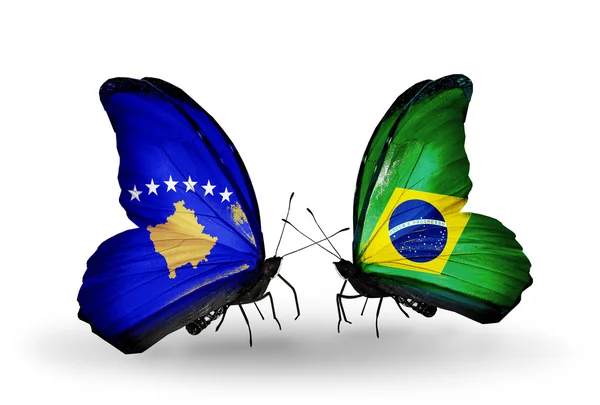 Butterflies with Kosovo and Brazil flags — Stock Photo, Image