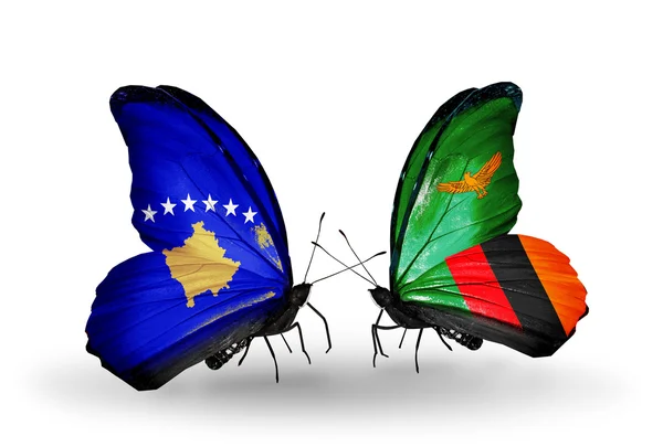 Butterflies with Kosovo and Zambia flags — Stock Photo, Image