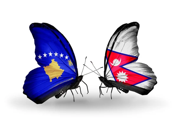 Butterflies with Kosovo and Nepal flags — Stock Photo, Image