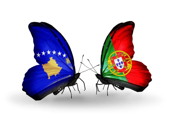 Butterflies with Kosovo and Portugal flags — Stock Photo, Image