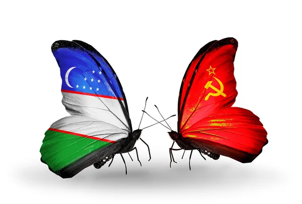 Borboletas com bandeiras do Uzbequistão e da União Soviética — Fotografia de Stock