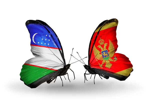 Butterflies with Uzbekistan and Montenegro flags — Stock Photo, Image