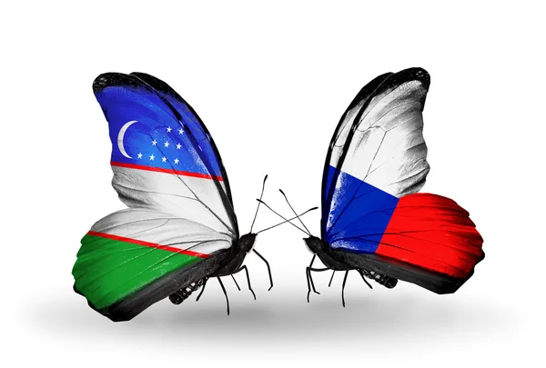 Butterflies with Uzbekistan and Czech flags — Stock Photo, Image