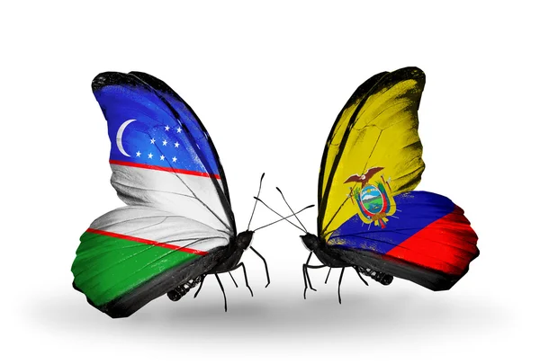 Butterflies with Uzbekistan and Ecuador flags — Stock Photo, Image