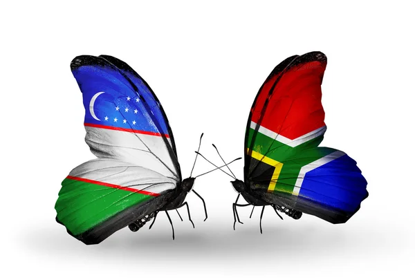 Özbekistan ve Güney Afrika bayrakları taşıyan kelebekler — Stok fotoğraf