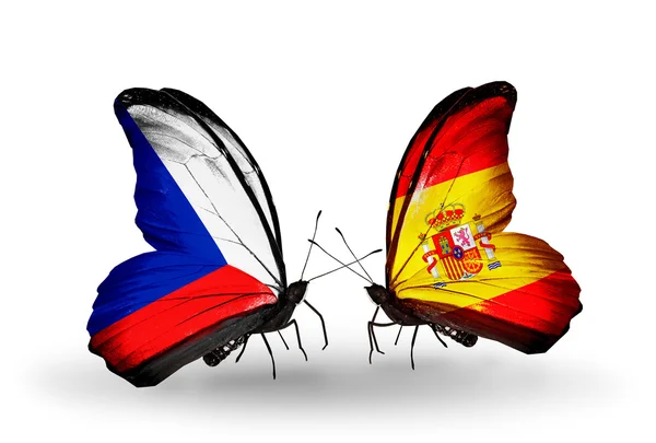Butterflies with Czech and Spain flags — Stock Photo, Image