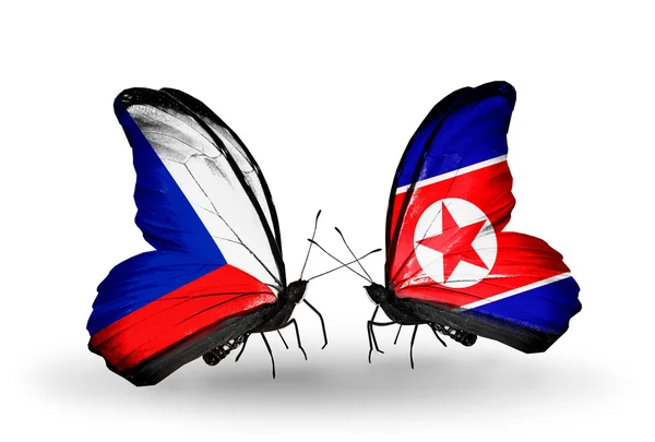 Borboletas com bandeiras da Coreia do Norte e Checa — Fotografia de Stock