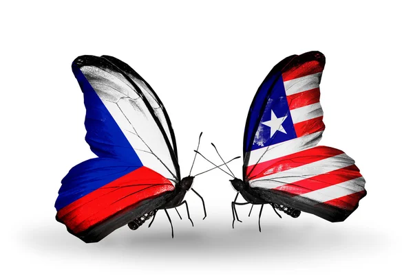 Butterflies with Czech and Liberia flags — Stock Photo, Image