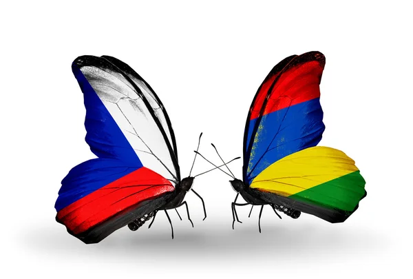 Butterflies with Czech and Mauritius flags — Stock Photo, Image