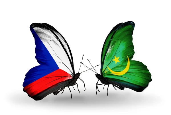 蝴蝶与捷克和毛里塔尼亚国旗 — 图库照片