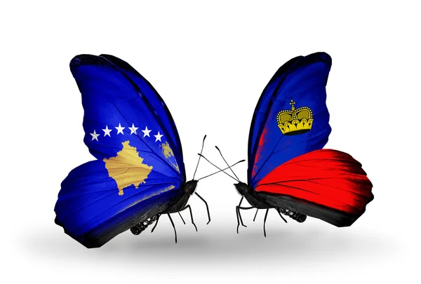 Butterflies with Kosovo and Liechtenstein flags — Stock Photo, Image