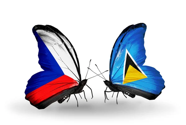 Butterflies with Czech and  Saint Lucia flags — Stock Photo, Image