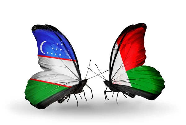 Mariposas con banderas de Uzbekistán y Madagascar — Foto de Stock