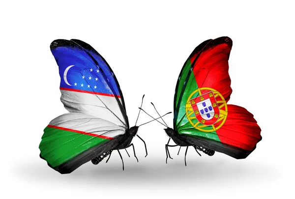 Butterflies with Uzbekistan and Portugal flags — Stock Photo, Image