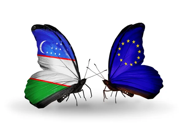 ウズベキスタン、欧州連合のフラグと蝶 — ストック写真
