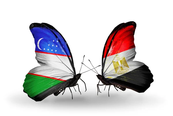 Butterflies with Uzbekistan and Egypt flags — Stock Photo, Image