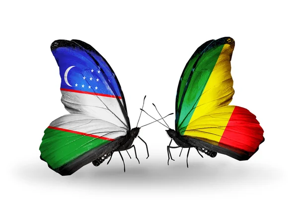 Butterflies with Uzbekistan and Kongo flags — Stock Photo, Image