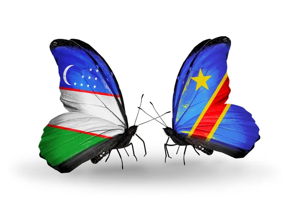 Butterflies with Uzbekistan and Kongo flags — Stock Photo, Image