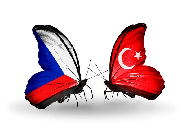 Butterflies with  Czech and Turkey flags — Stock Photo, Image