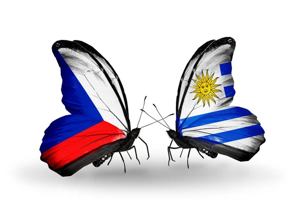 Butterflies with Czech and Uruguay flags — Stock Photo, Image