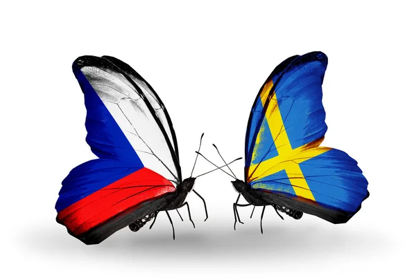 Butterflies with Czech and Sweden flags — Stock Photo, Image