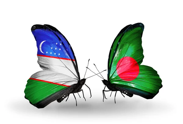 Papillons avec drapeaux Ouzbékistan et Bangladesh — Photo