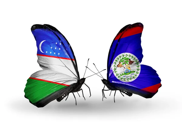 Butterflies with Uzbekistan and Belize flags — Stock Photo, Image