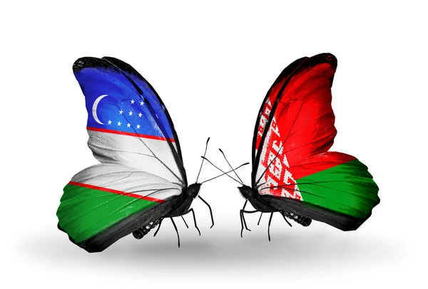ウズベキスタンやベラルーシのフラグと蝶 — ストック写真