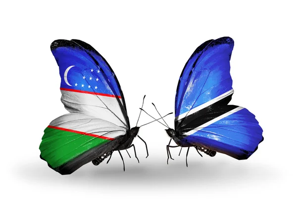 Farfalle con bandiere Uzbekistan e Botswana — Foto Stock