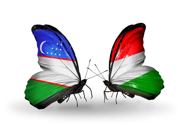 Бабочки с флагами Узбекистана и Венгрии — стоковое фото