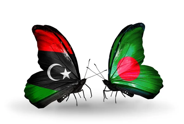 Butterflies with Libya and Bangladesh flags — Stock Photo, Image