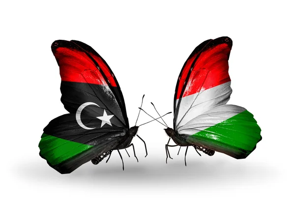 Papillons avec drapeaux Libye et Hongrie — Photo