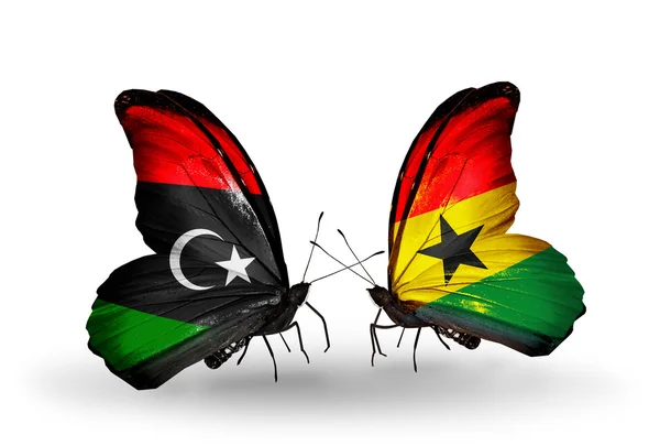 Butterflies with Libya and Ghana flags — Stock Photo, Image