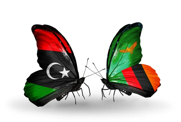 Butterflies with  Libya and Zambia flags — Stock Photo, Image