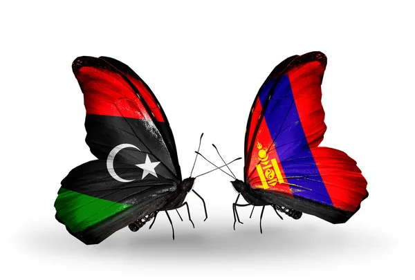 Papillons avec drapeaux Libye et Mongolie — Photo