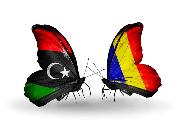 Butterflies with Libya and Chad, Romania flags — Stock Photo, Image