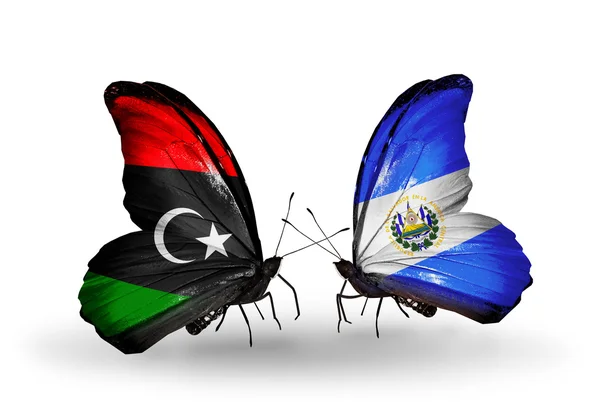 Butterflies with Libya and Salvador flags — Stock Photo, Image