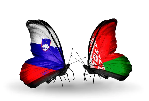 Mariposas con bandera de Eslovenia y Bielorrusia — Foto de Stock