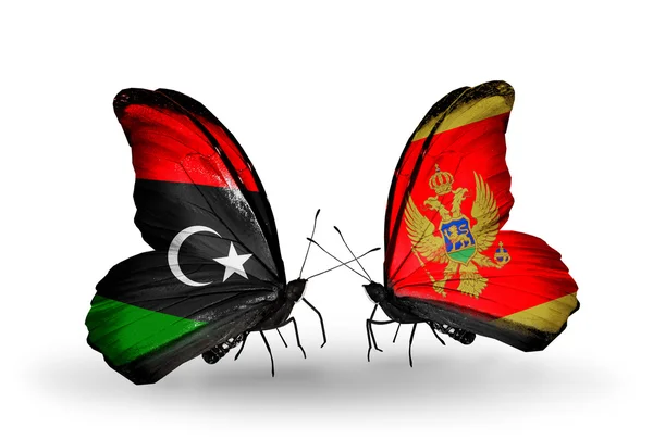 Butterflies with Libya and Montenegro flags — Stock Photo, Image