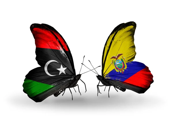 Butterflies with Libya and Ecuador flags — Stock Photo, Image