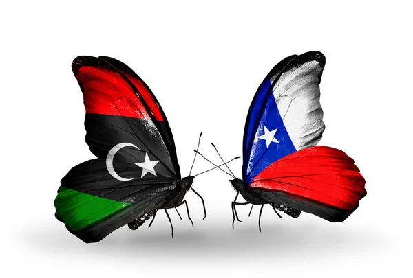 Butterflies with Libya and Chile flags — Stock Photo, Image