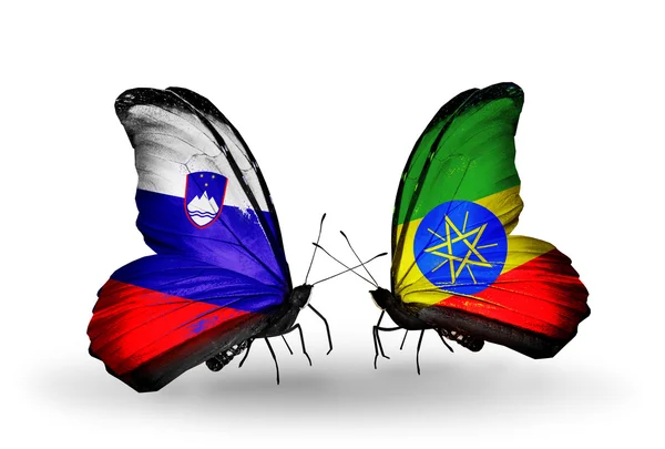 Butterflies with Slovenia and Ethiopia flags — Stock Photo, Image