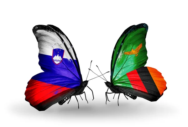 Butterflies with Slovenia and Zambia flags — Stock Photo, Image